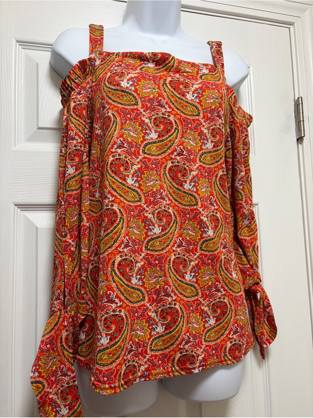 Red Paisley Cold-Shoulder Blouse with Straps